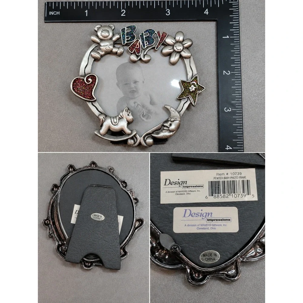 Design Impressions Pewter Baby Photo Frame Heart Teddy Bear Rocking Horse 10739